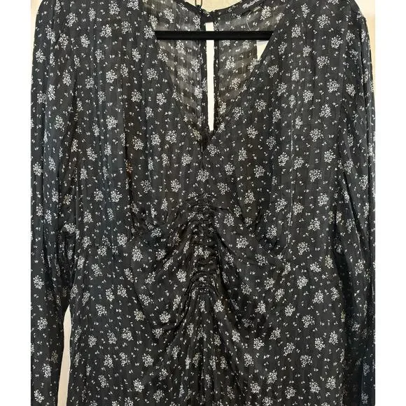 NWT Madewell Black White Floral Maxi Dress 12 Long Sleeve Ruched Boho Romantic - Picture 4 of 16